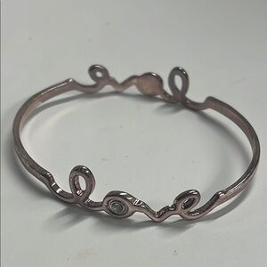 Copper Silvertone Overlay Distressed Love Bangle Bracelet w/Two Cubic Zirconia